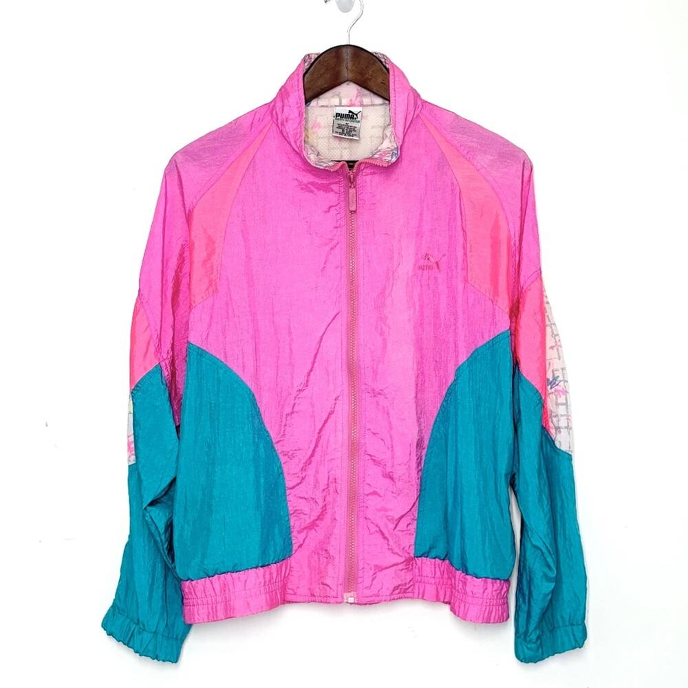 VTG Puma Colorblock Windbreaker Jacket Womens M Pink Teal Full Zip Y2K 90s
